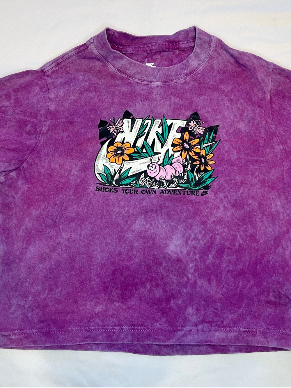 Nike Kids Purple Tie-Dye Graphic Tee with Floral Logo